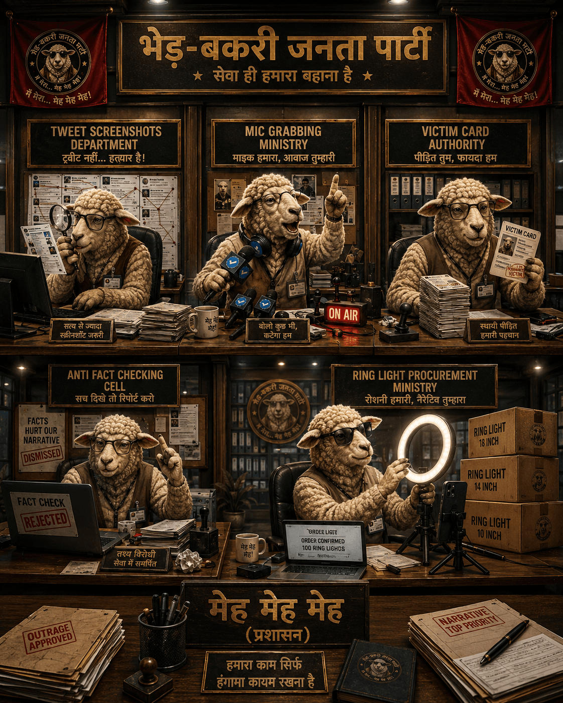 दफ्तर में screenshots, mics और files के बीच काम करती व्यंग्यात्मक sheep bureaucracy